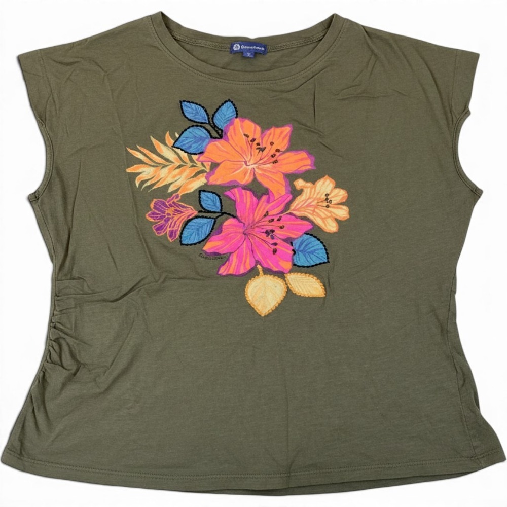 Democracy Womens Olive Green Floral Graphic Cap Sleeve T-Shirt Large